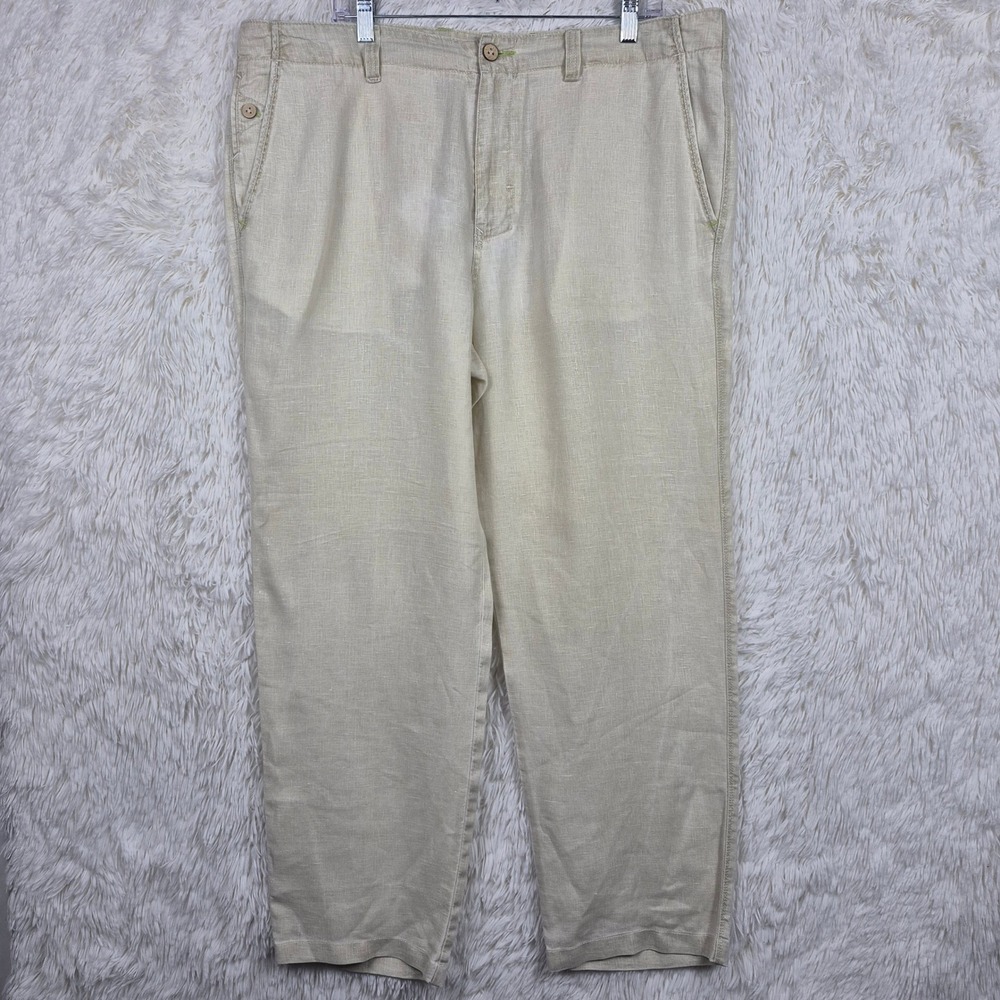 Tommy Bahama Relax Mens 38x32 Beige 100% Linen Straight Leg Pants Khaki Trousers
